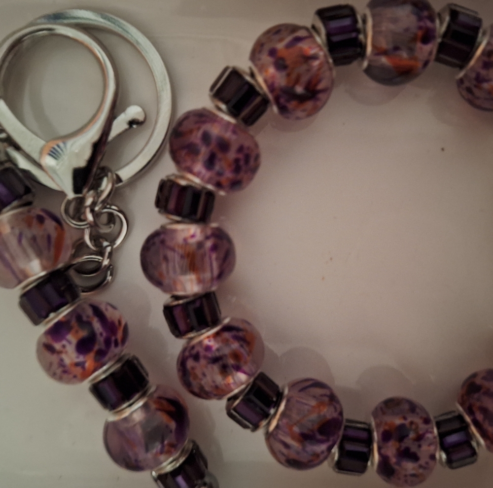 Handmade Purple Glass Beaded Bracelet and Keychain Set